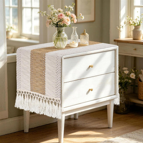 48 Inch, yuboo Boho Coffee Table Runner Spring Farmhouse Burlap Dresser Runner Scarf, Rustic Macrame Runner for Round