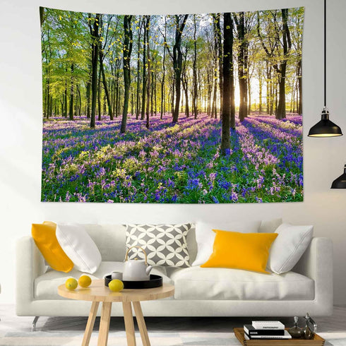 HVEST Forest Sunshine Tapestry Wall Hanging Spring Purple Lavender Morning Sunlight Through Green Trees Tapestry Nature Landscape Tapestry for Living Room Bedroom Aesthetic Decor, 40L x 60W Inches