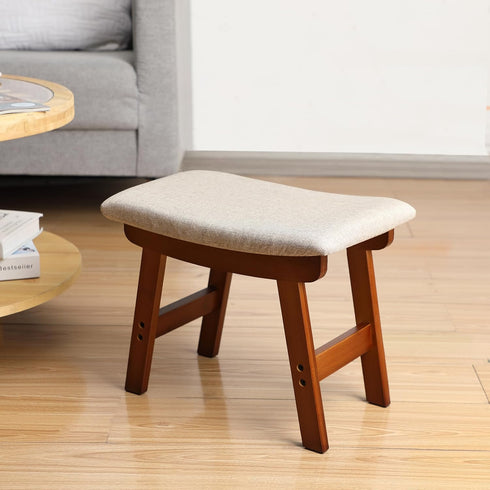 Compact Bamboo Ottoman with Beige Cushion and Brown Legs - Ideal Foot Rest
