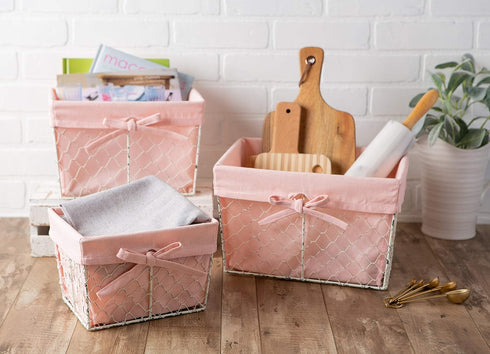 DII Farmhouse Chicken Wire Storage Baskets with Liner, Set of 3, Antique Blush, Assorted Sizes