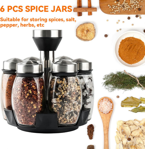 Mlici 6PC Spinning Glass Spice Jars, 360° Rotating Spice Rack Organizer with Stainless Steel Holder for Kitchen