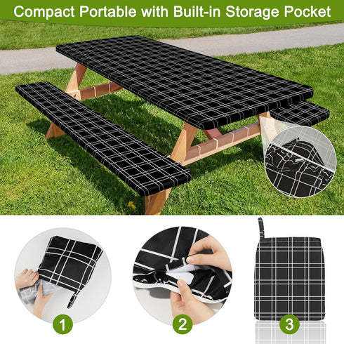 HobbLab Rv,72in,Black Picnic Table Cover with Bench Covers Portable Table Cloth Built-in Storage Pocket Fitted