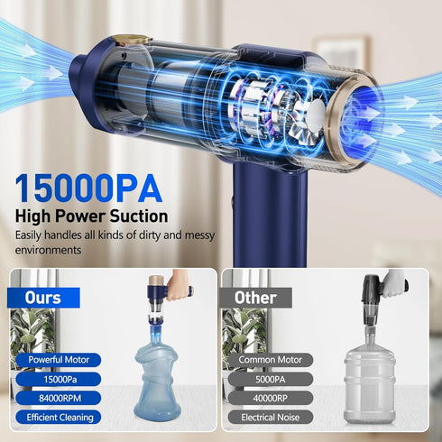 Portable Cordless Car Vacuum Cleaner - 15000 Pa Vacuum & Air Duster, Handheld with LED Light & Multi-Nozzles