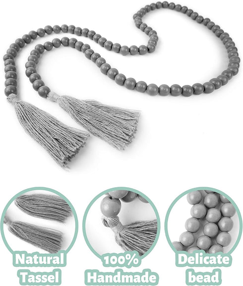 Wooden Beads Garland with Tassels - 61 Inch Grey Wood Bead Garland for Modern Farmhouse and Boho Home Decor