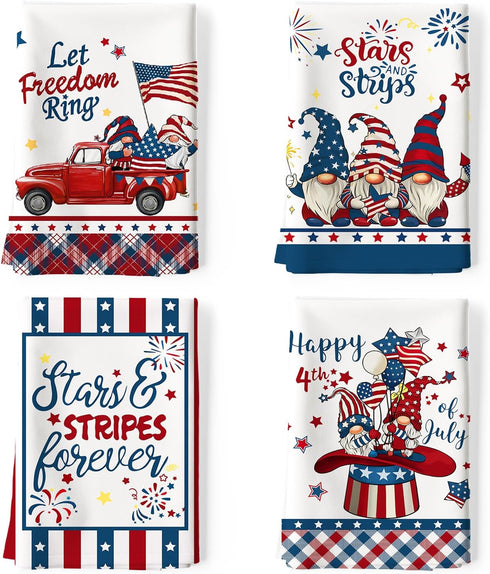 4th of July Patriotic Kitchen Towel, 100% Cotton Independence Day Gnome Quick Dry Stars and Stripes Flag Tea Towels