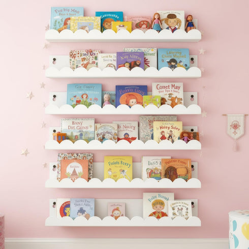 Set 6, 16 Inch Nursery Book Shelves of White Metal Floating Shelves for Wall, Scalloped Book Shelf for Kids Room