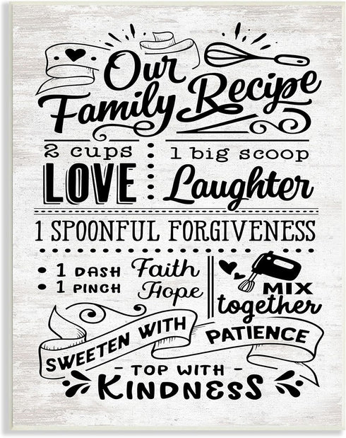 Stupell Industries Our Family Recipe Motivational Kitchen Phrases Life Ingredients Wall Plaque, 10 x 15, Off-White