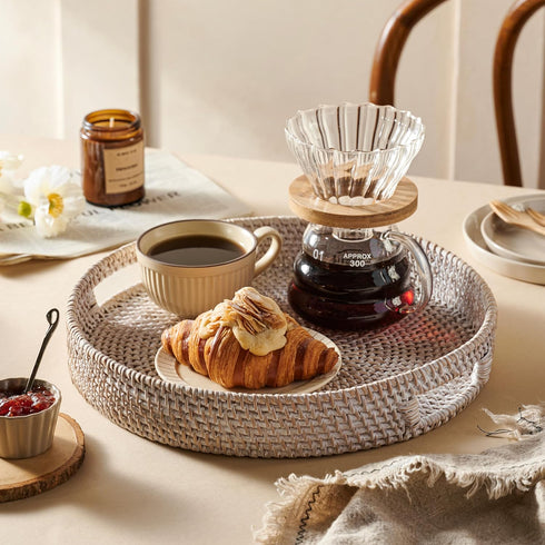 14 Counter JUNGLE CULTURE Handmade Round Wicker Tray Whitewashed Large Decorative Rattan Serving Basket for Coffee