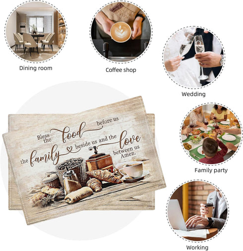 Set 4, 12x18 Inch Christian Coffee Placemats of Bless The Food Before Us Place Mats, Religious Table Mats for Kitchen