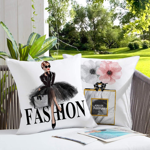 Black White Decorative Pillow Covers 18X18, Set of 2 Pink Fashion Girls Gold Perfume Cute Sofa Couch Covers