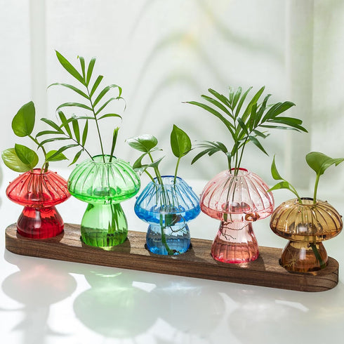 Glass Propagation Station for Plant: Mushroom Planter with Wooden Stand for Home