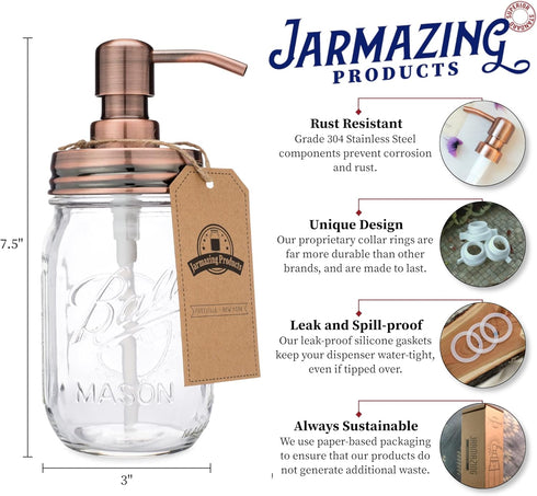 Jarmazing Products Mason Jar Soap Dispenser, Copper with 16 Ounce Ball Mason Jar, Rust Proof Stainless Steel