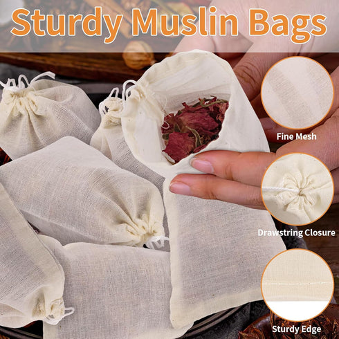 40 Pcs Empty Spice Bags for Cooking Soup, Reusable Tea Bags for Loose Tea, 4x6 Inch Natural Muslin Drawstring