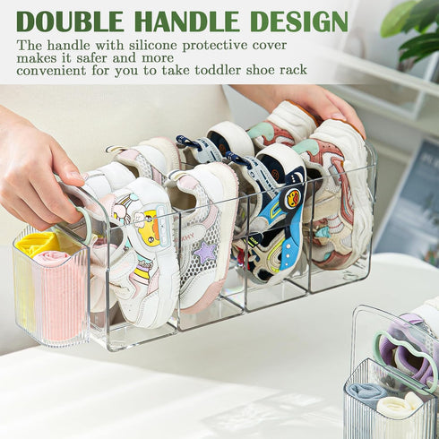 2 Pack 2Pack 4 Closet Upgraded Kids Shoe Rack with Socks Rack, Clear Acrylic Baby Shoe Organizer with Side Anti-Slip