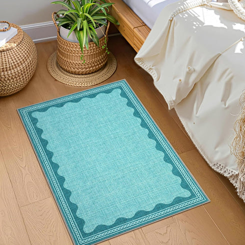 2.5x8 GarveeHome Scalloped Teal Runner Rug for Hallway Washable Kitchen Rugs Non Slip Solid Modern Soft Low-Pile Indoor