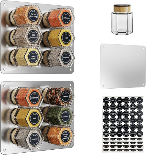 Vetacsion Set of 12 Magnetic Spice Tins with 2 Black Metal Wall-Plates,100