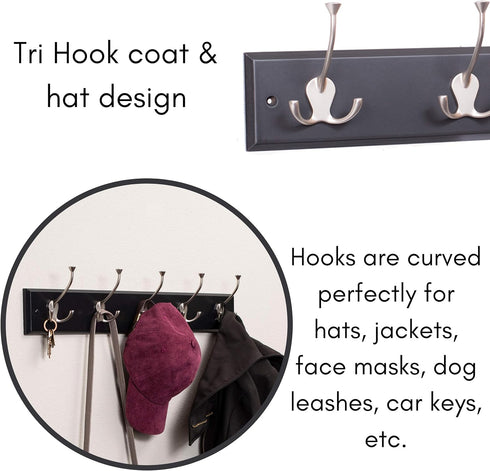 BirdRock Home Tri Hook Coat Rack, 5 Hooks, Wall Mount Hat Rack, Black Finish with Satin Nickel Hooks