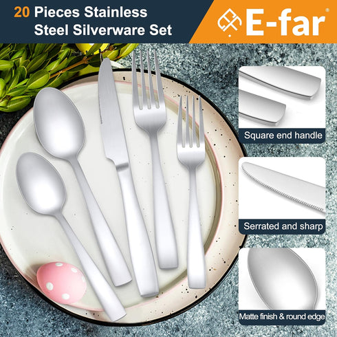 E-far Matte Silverware Set for 4, 20 Pieces Stainless Steel Flatware Set with Square Handle, Dishwasher Safe