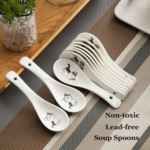 Set of 10 Asian Soup Spoons, Cat Pattern, 5.4 inch Ceramic Chinese Spoons for Ramen, Appetizers, Desserts