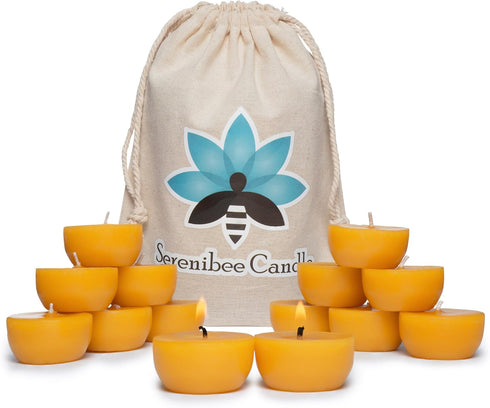 Serenibee Beeswax Tea Light Candles - 100% Pure Beeswax Gift Set with Reusable Glass Holder & Cotton Bag (12)