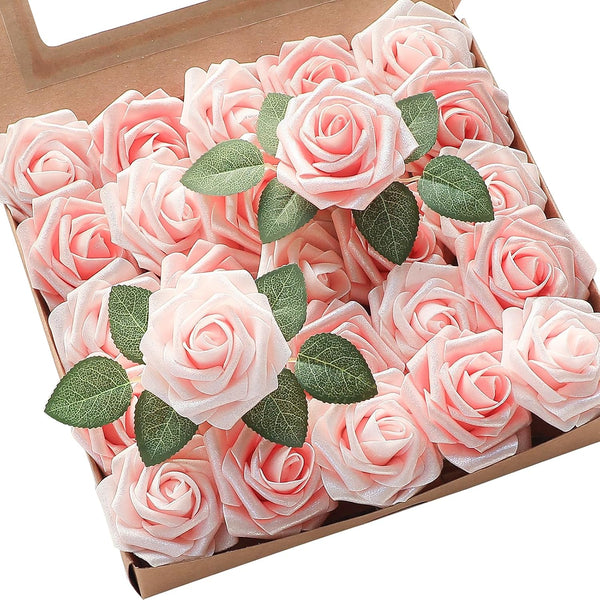Floroom 25pcs Artificial Flowers Shimmer Blush and Peach Foam Fake Roses with Stems for DIY Wedding Bouquets
