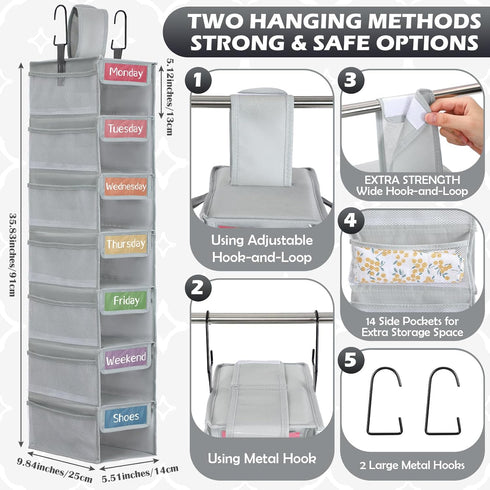 Yeyeplum 2 Pack 7 Closet Shelf Weekly Clothes Organizer Hanging for Kids with Side Pockets Weekday Shoes Rack Weekly