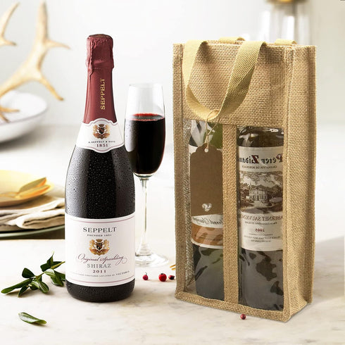 DIWNELEM 1 Pack Burlap Wine Gift Bags, Double Window Two Bottles Jute Bag for Wedding, Party Favors, Christmas