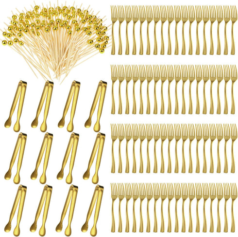 Mini Forks Cocktail Toothpicks Set for Wedding Party, Includes Tongs, Disposable Appetizer Forks, Gold, 184 Pcs