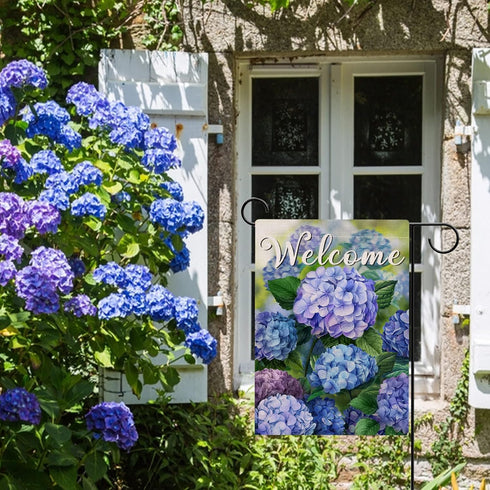 Welcome Spring Floral Flowers Garden Flag, Double Sided Hydrangea Decorative Yard Outdoor Small Decor, 12 x 18