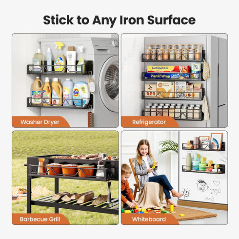 Mystozer 16.9 Inch 4 Pack Wide Large Capacity Magnetic Spice Rack for Refrigerator, Metal Fridge Shelf, Black