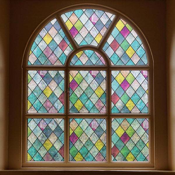 FEOMOS Colorful Lattice Window Privacy Film - Rainbow Glass Decals Stickers, Anti UV 17.3 x 78.7 inches