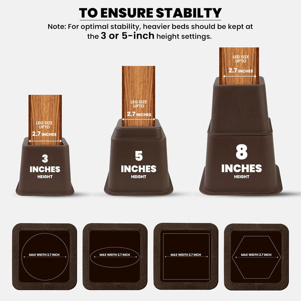 Utopia Bedding Adjustable Bed Furniture Risers - Elevation Heights 3, 5 or 8 Inch Heavy Duty Risers (Set of 8, Brown)
