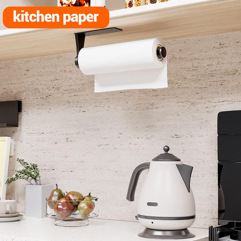 Paper Towel Holder Under Cabinet, Single Hand Operable Wall Mount with Damping Effect, Self-Adhesive or Drilled