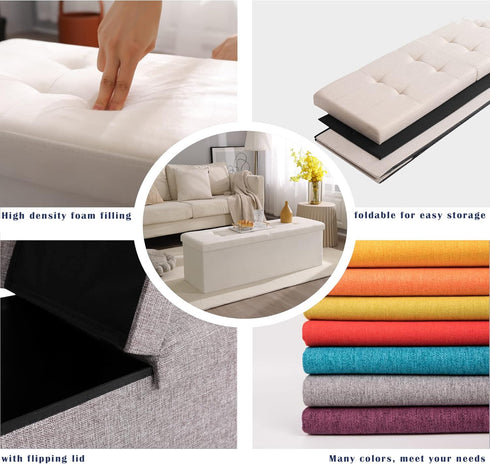 CUYOCA Storage Ottoman Bench, Foldable Seat Footrest with 75L Storage Space, Grey Linen Fabric