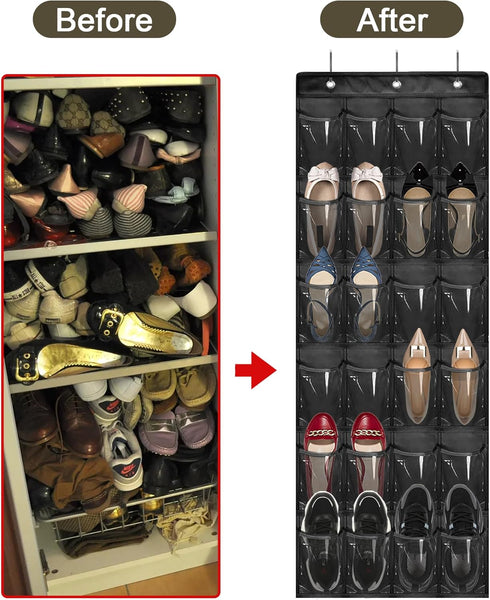 Over The Door Shoe Organizer - Space Saving Shoe Rack with 24 Pockets and Hook, Hanging Shoe Holder (Black)