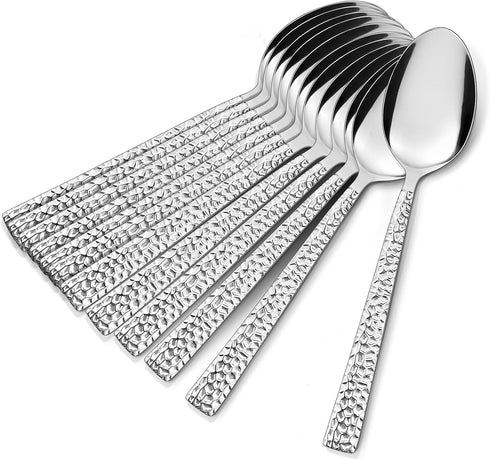 E-far 12 Hammered Dinner Spoons, 7.9 Inch Stainless Steel Soup Spoons, Non-toxic, Mirror Polished