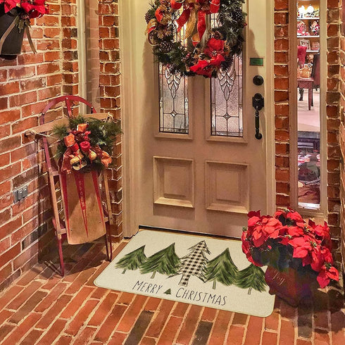 ONWAY Christmas Trees Door Mat, Seasonal Winter Happy Holiday Doormat, Low-Profile Kitchen Rug for Home Decor