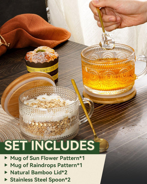 Semderm Set 2, 14oz Vintage Glass Coffee Mugs of Overnight Oats Containers with Bamboo Lids and Spoons - Clear Tea Cups