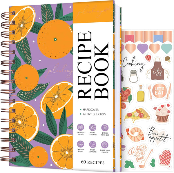 PLANBERRY Recipe Book – Blank Hardcover Cookbook to Write In Your Own Recipes - 60 Recipes, 6.3”x8.4” (Orange Fresh)