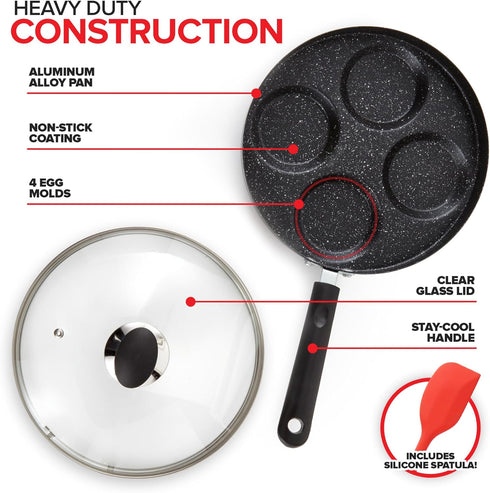 Modern Innovations 4-Cup Nonstick Egg Frying Pan with Lid, Mini Pancake Pan for Stove Top, Breakfast Maker