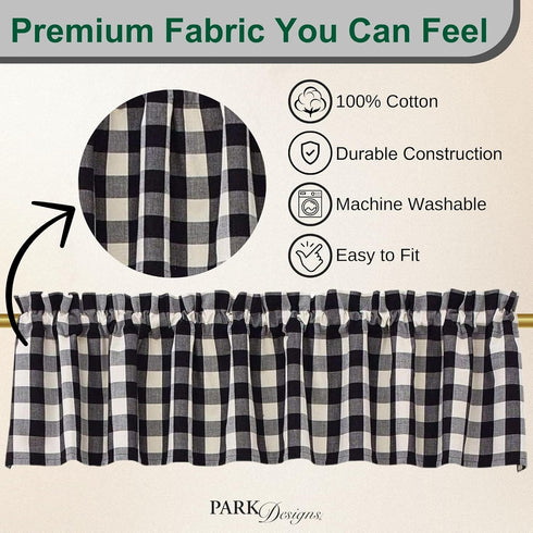 Park Designs Farmhouse Kitchen Valances, Black & Cream Buffalo Check, 72" x 14"