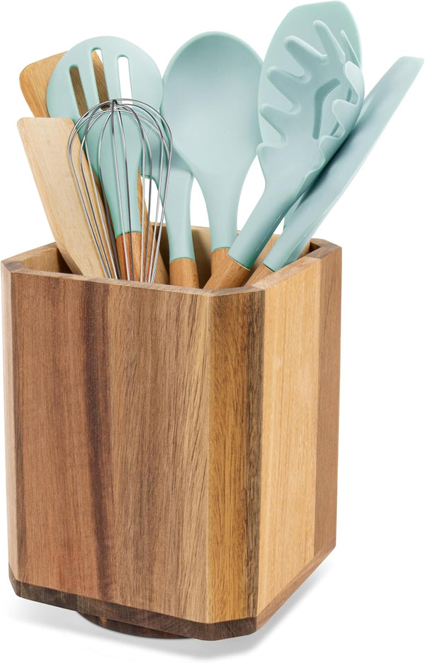 RedCall Acacia Wood Utensil Holder, 360° Rotating Large Cooking Organizer, Spoon Spatula Holder for Kitchen Counter