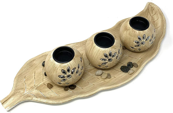 allgala Wooden Candle Holder Tray, 3 Ball Orbs Set with Pebbles on Leaf Tray for Living Room D cor