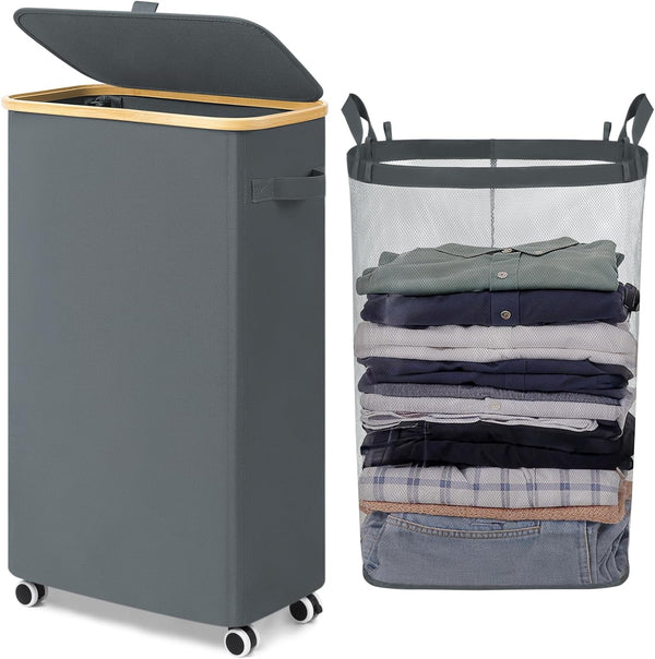 Goodpick Slim Laundry Basket with Wheels and Lid, 75L Rolling Dirty Clothes