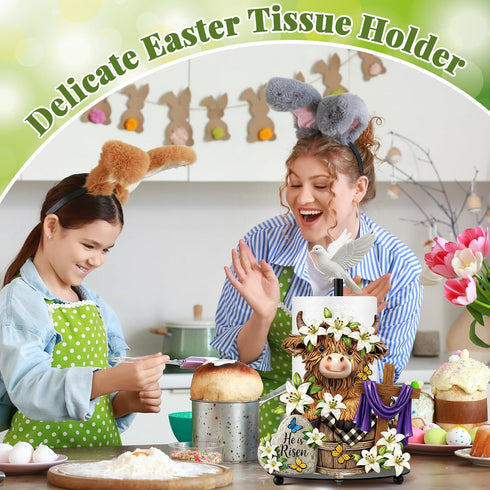 12.6 Inch Countertop Chunful Easter Highland Cow Metal Paper Towel Holder, Tall He is Risen Religious Kitchen Decor