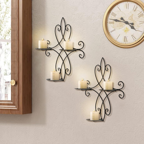Set 2, 14.4"11.8" Wall Candle Sconce Holder of Metal Wall Sconces Decor Hanging Wall Mounted Candle Stick Holder, Black