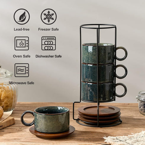 6 Set 4, Set LUKA Ounce Porcelain Stackable Espresso Cups with Saucers and Metal Stand of Ceramic Cappuccino Cups