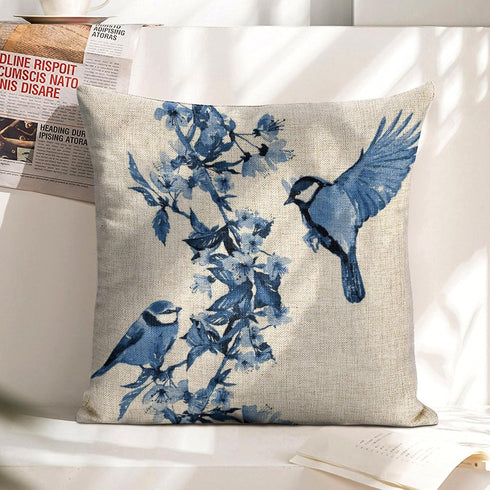 Chinoiserie Pillow Cover Blue Cherry Blossom and Birds Cotton Linen Decorative Throw Pillow Case Cushion Cover for