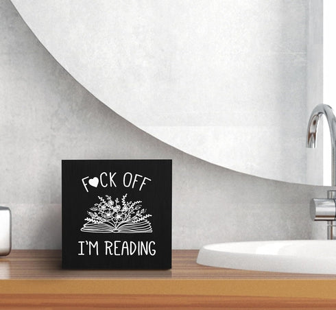 I'm Reading Minimalist Floral Book Wood Box Sign Desk Decor, Black Inspirational Wooden Block Box Sign for Home Reading