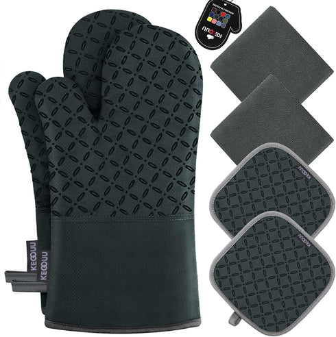 KEGOUU Oven Mitts and Pot Holders 6pcs Set, High Heat Resistant Kitchen Oven Gloves (Deep Green)